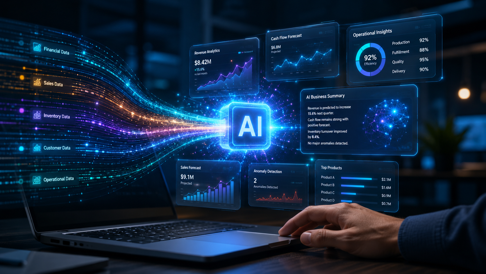 AI reporting dashboard with predictive analytics panels